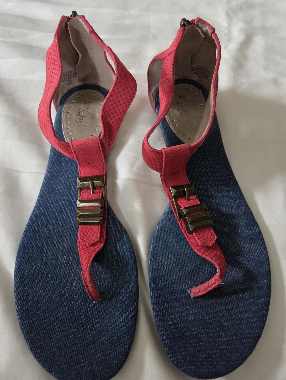 Rachel Roy Red T-Strap Women's Sandals with Bronze Buckle And Heel Zipper Sz 9.5